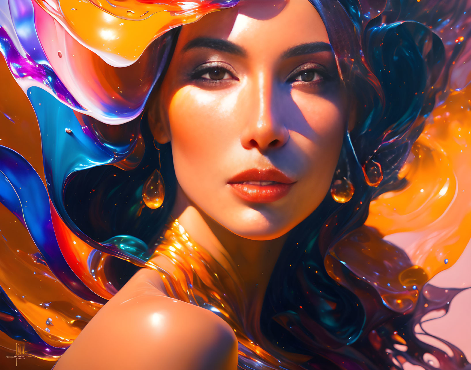 Colorful digital portrait of a woman with flowing liquid-like hair