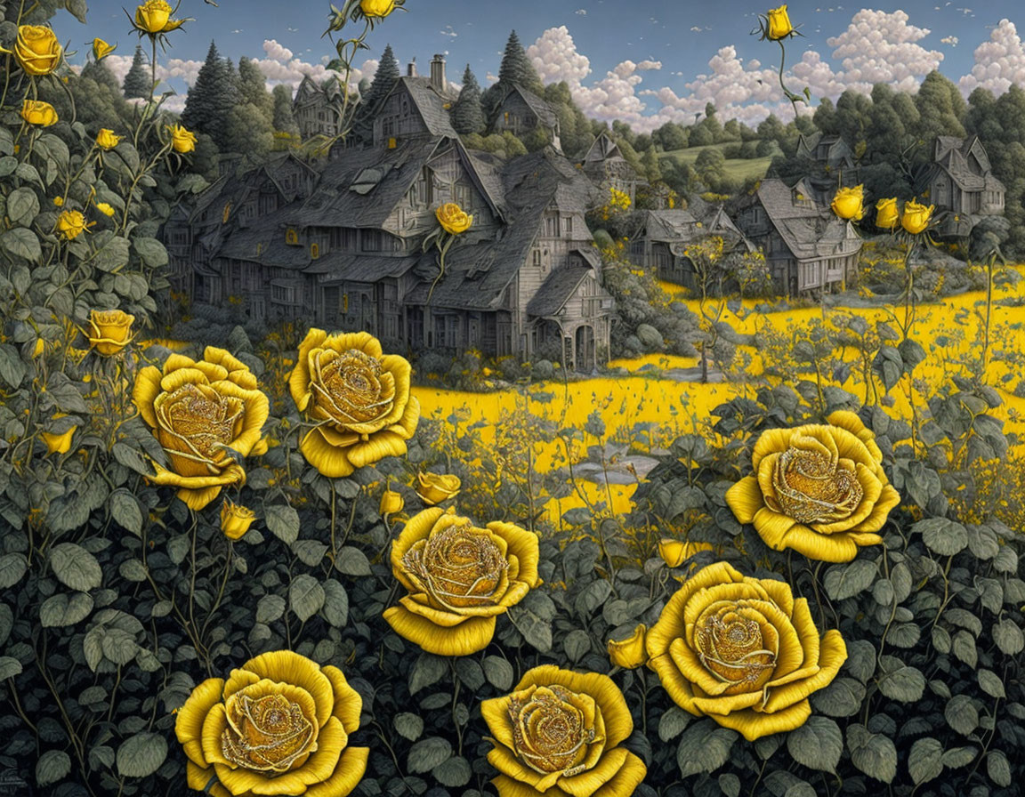 Surreal landscape with oversized yellow roses and old village in blooming field