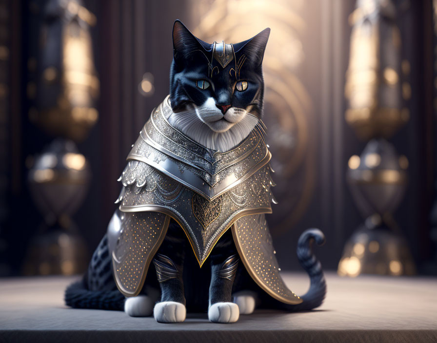 Black and White Cat in Silver Armor on Vintage Shelves