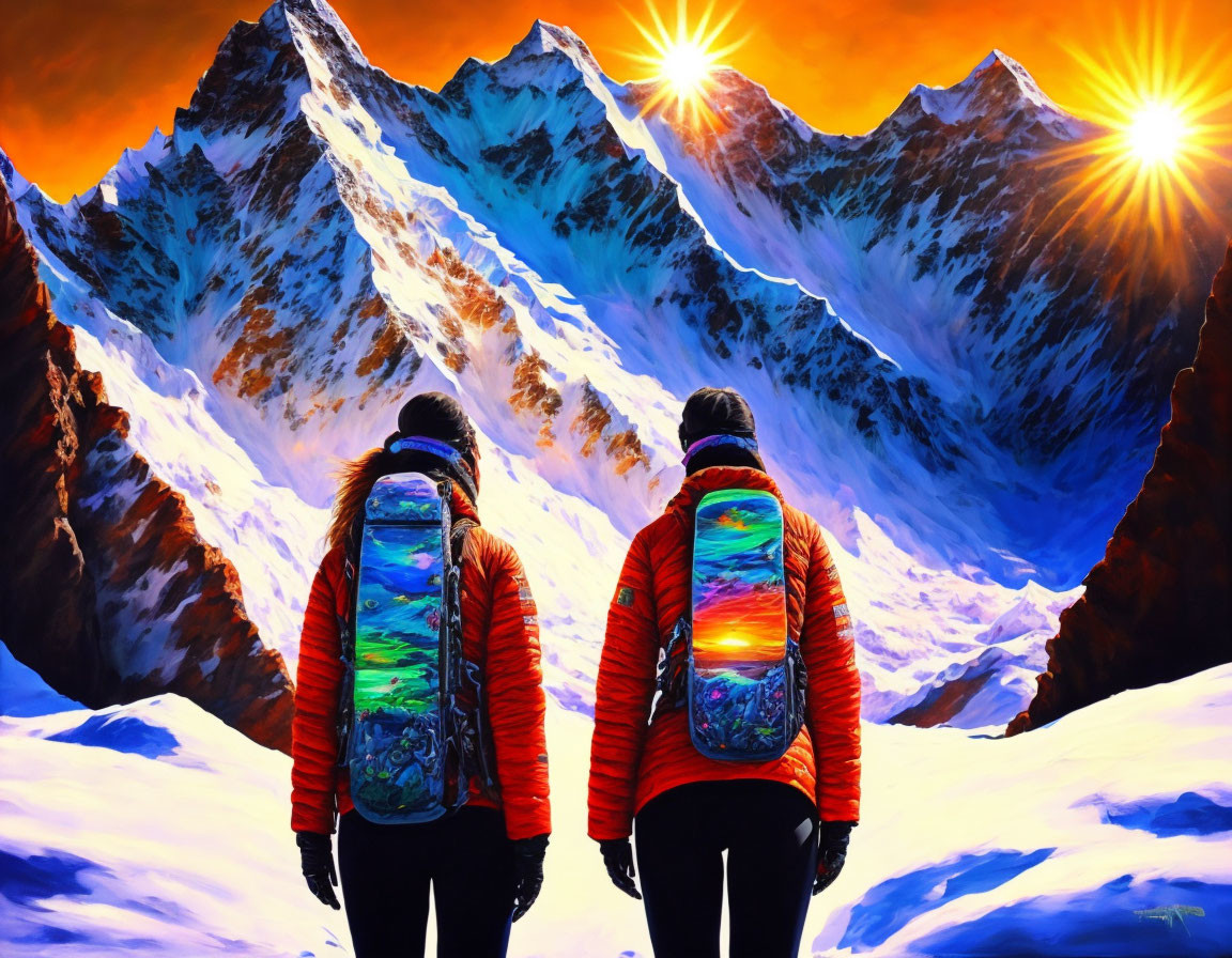 Colorful Jackets Couple Admiring Snowy Mountain Range with Twin Suns