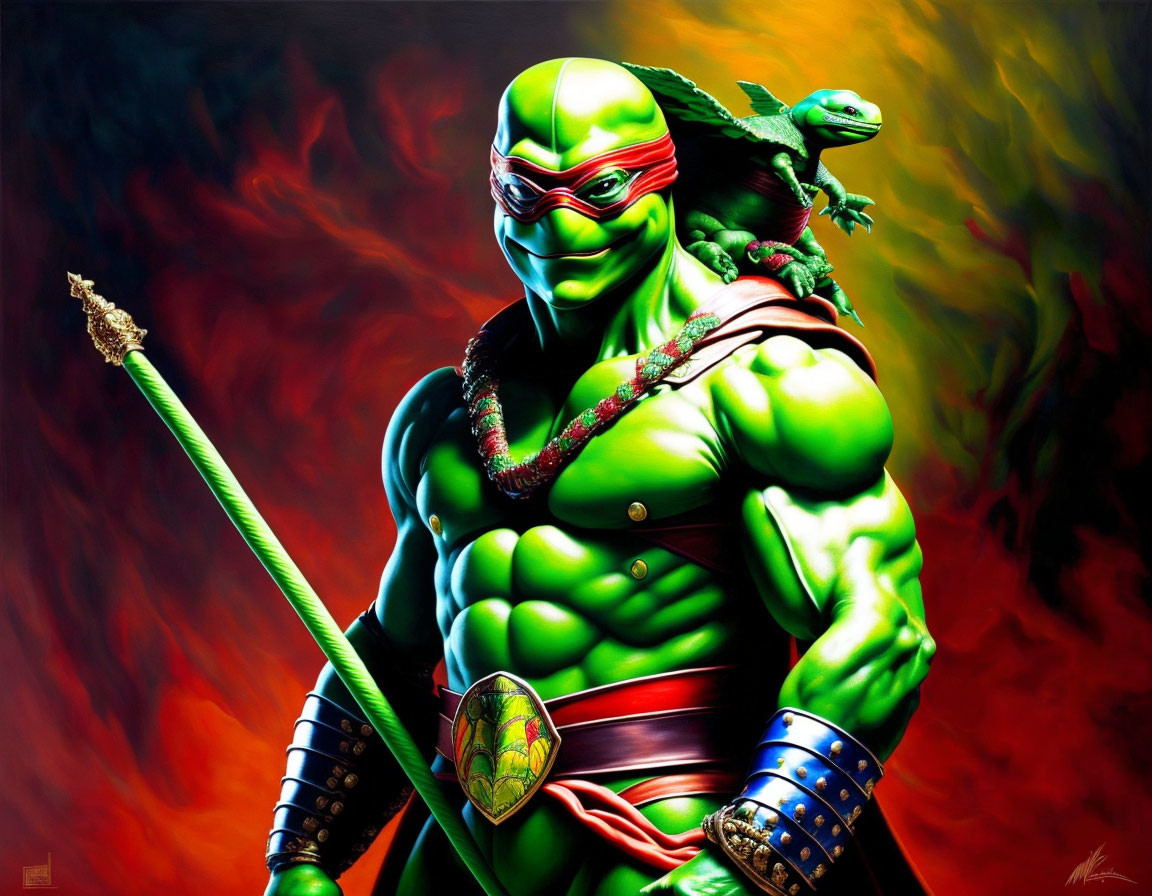 Teenage Mutant Ninja Turtle with green bandana and bo staff on fiery backdrop