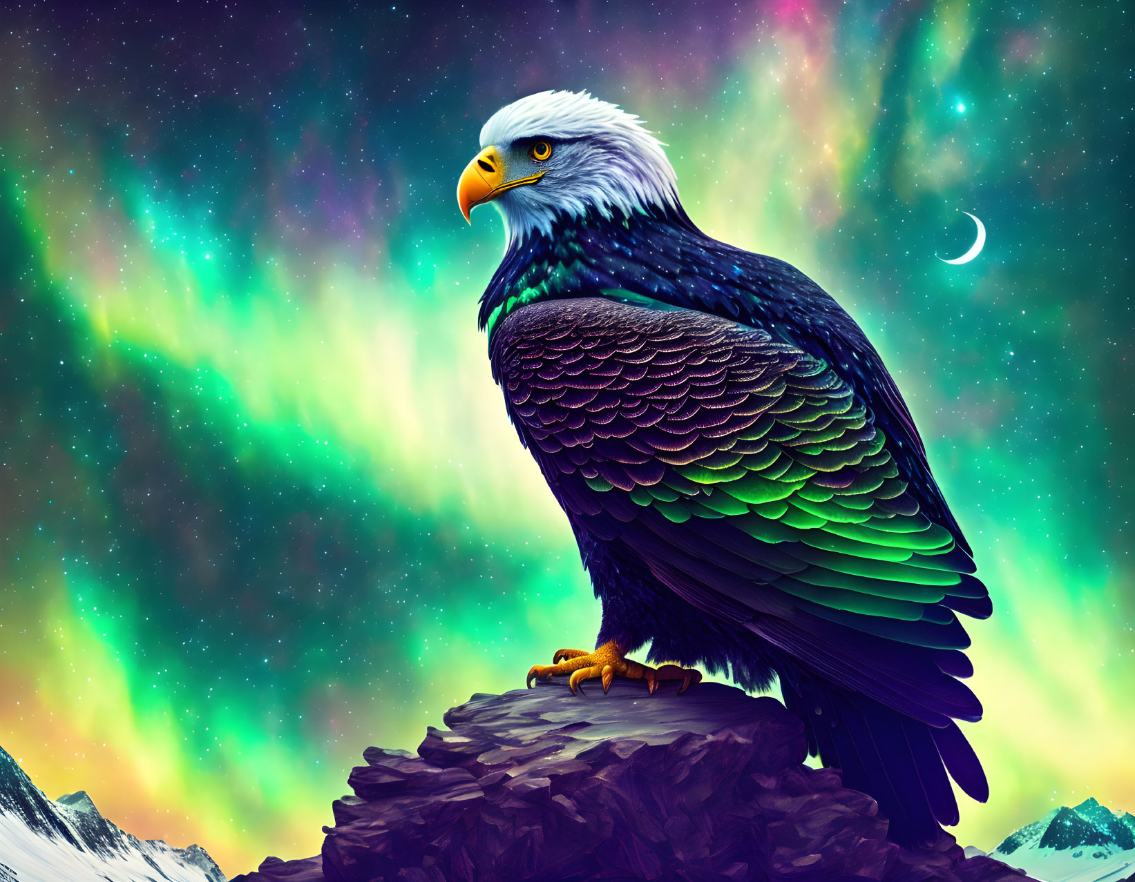 Eagle perched on rock under aurora-lit sky