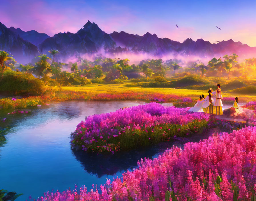 Colorful Landscape with Purple Flowers, River, White-Robed Figures, Mountains, Birds, and