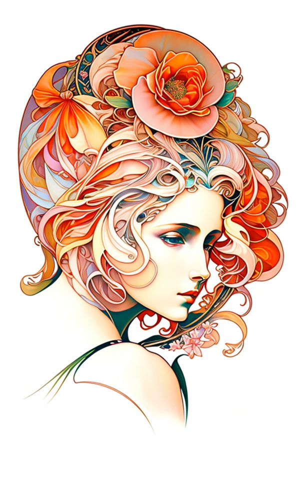 Colorful hair and floral elements in vibrant portrait illustration