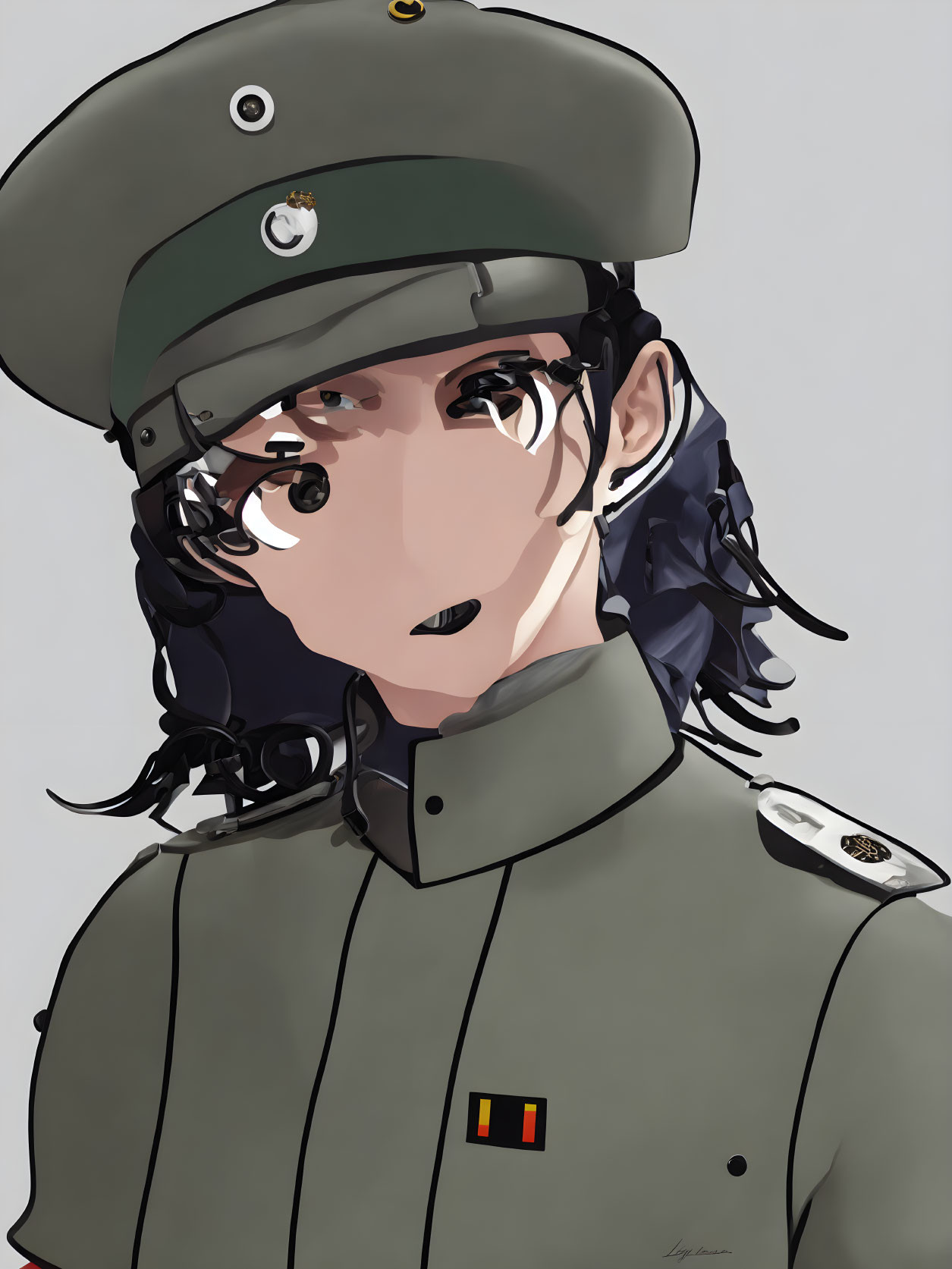 Illustrated character in military uniform with cap and dark hair.