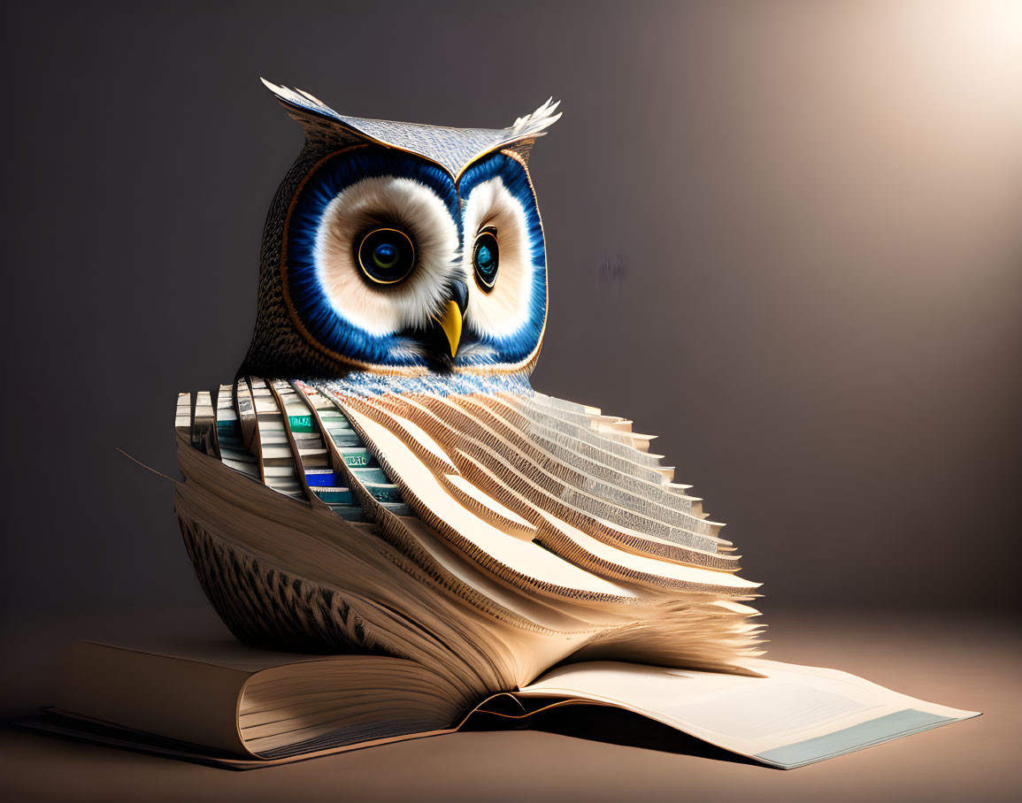 Illustration of owl blending into open book pages on neutral background