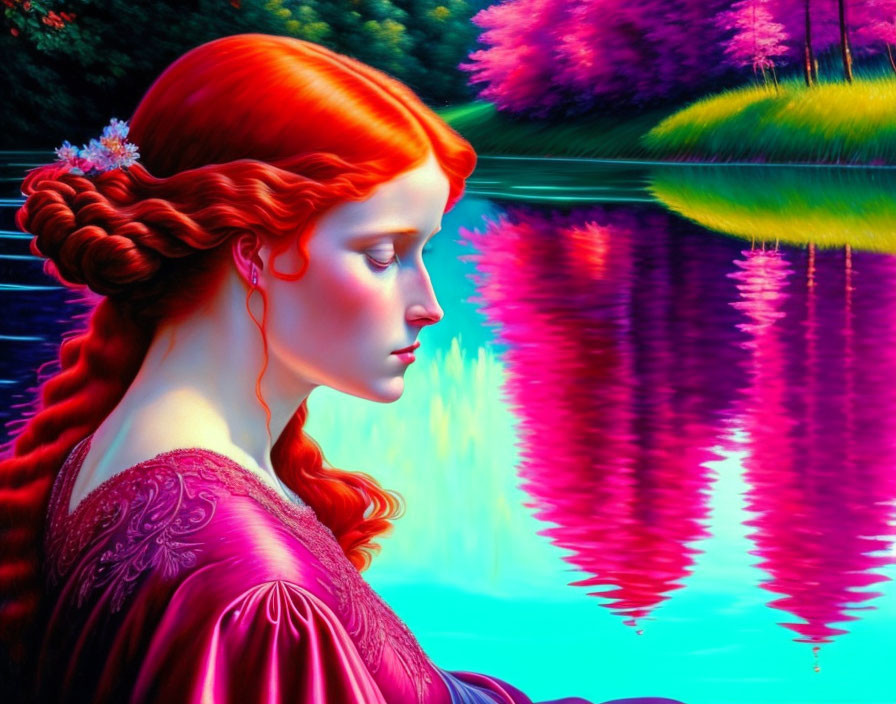 Surreal artwork of woman with red hair near reflective pond