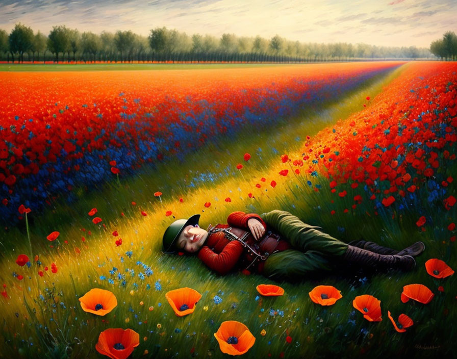 Person relaxing in vibrant poppy field at sunset