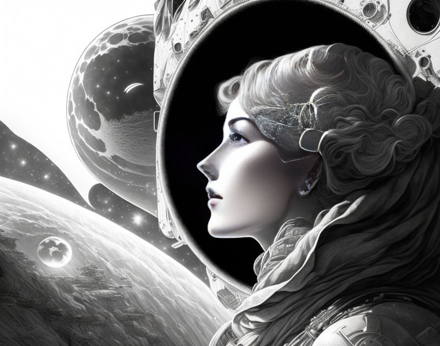 Monochrome sci-fi artwork: Woman with elaborate helmet in celestial setting