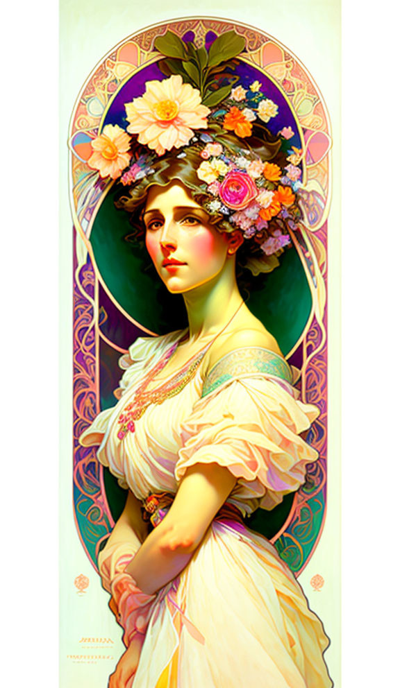 Art Nouveau-style portrait of a woman with floral headdress in ornate frame