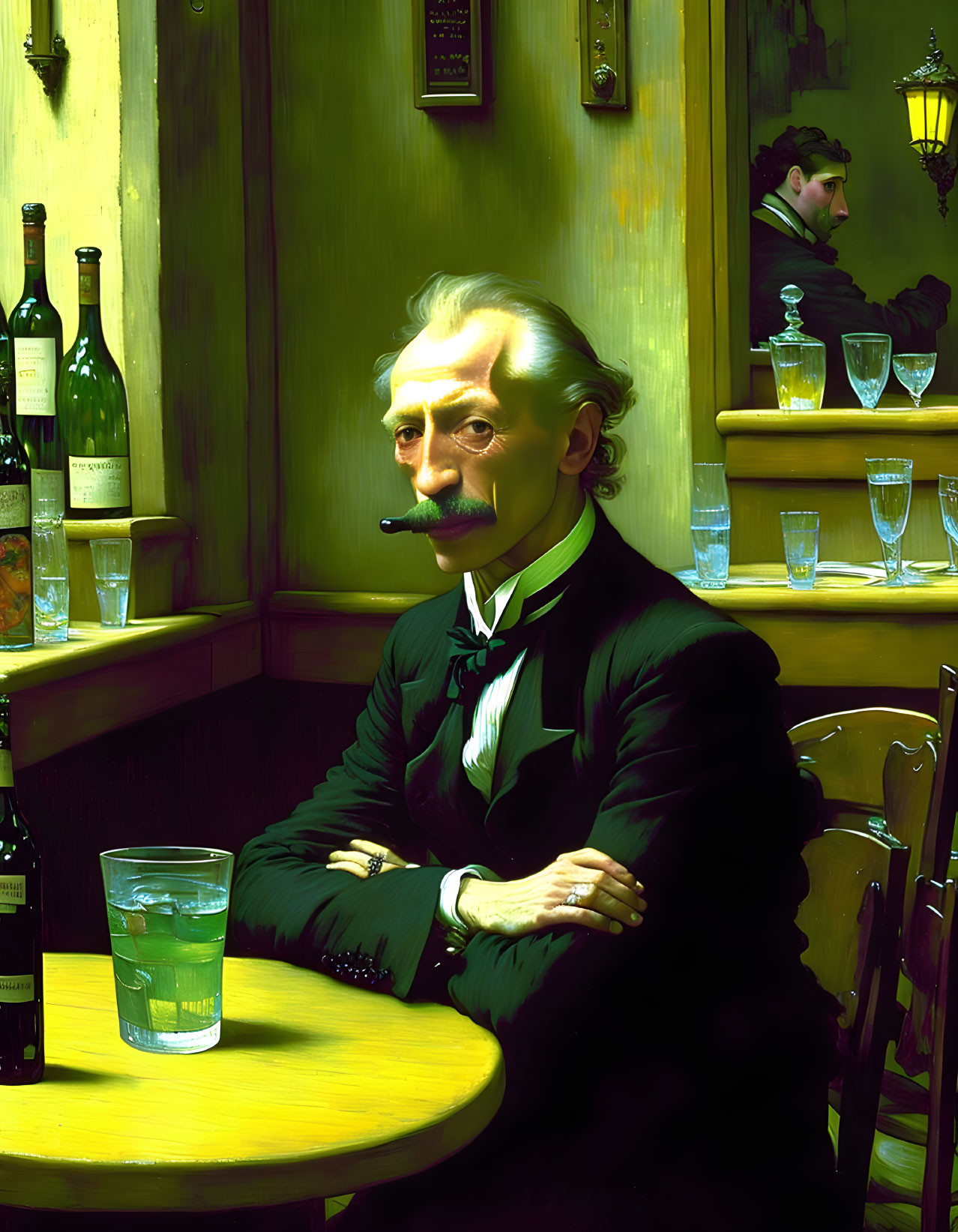 Mustached Man Sitting at Bar with Wine Bottles and Glasses