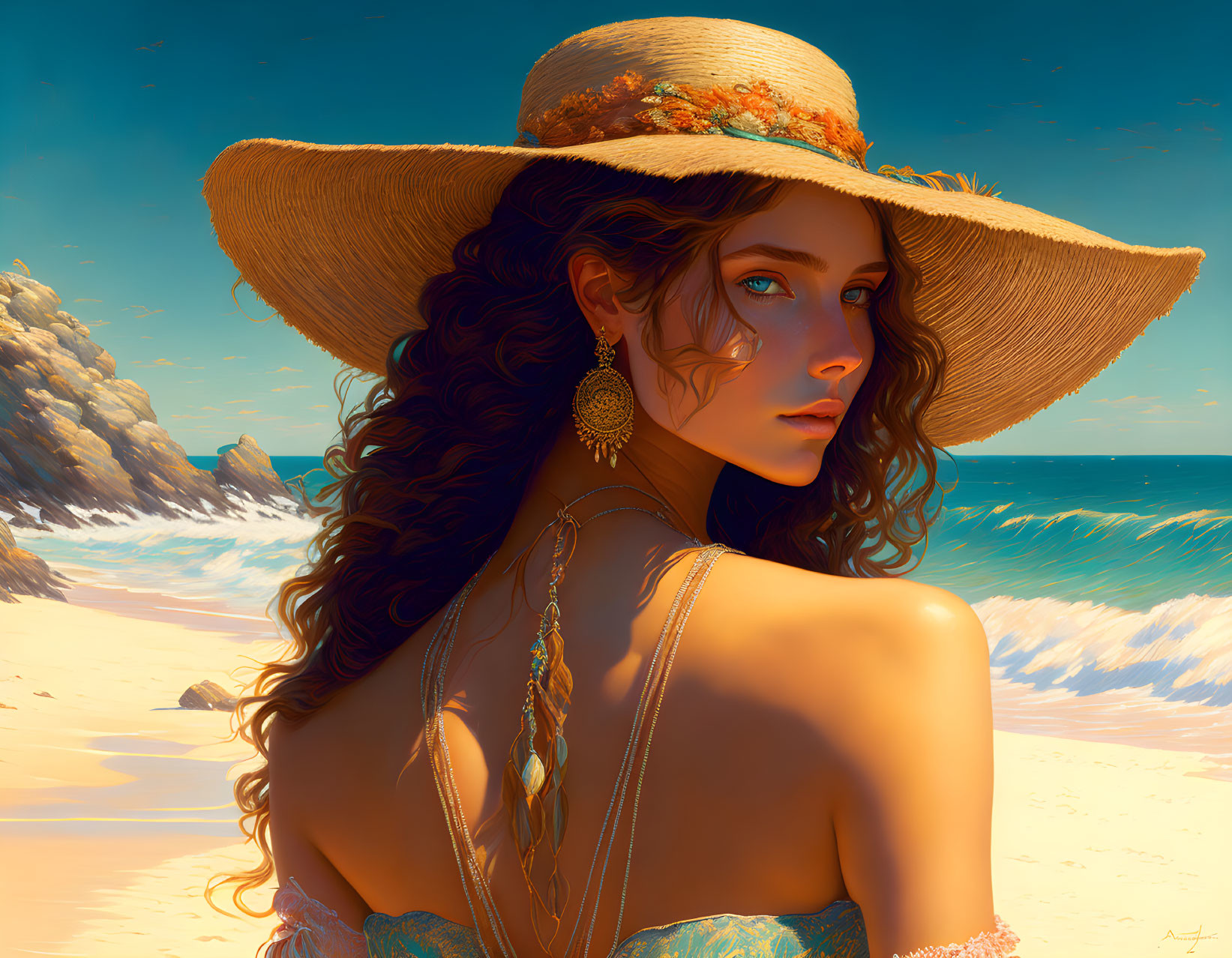 Curly-haired woman in straw hat on sunny beach