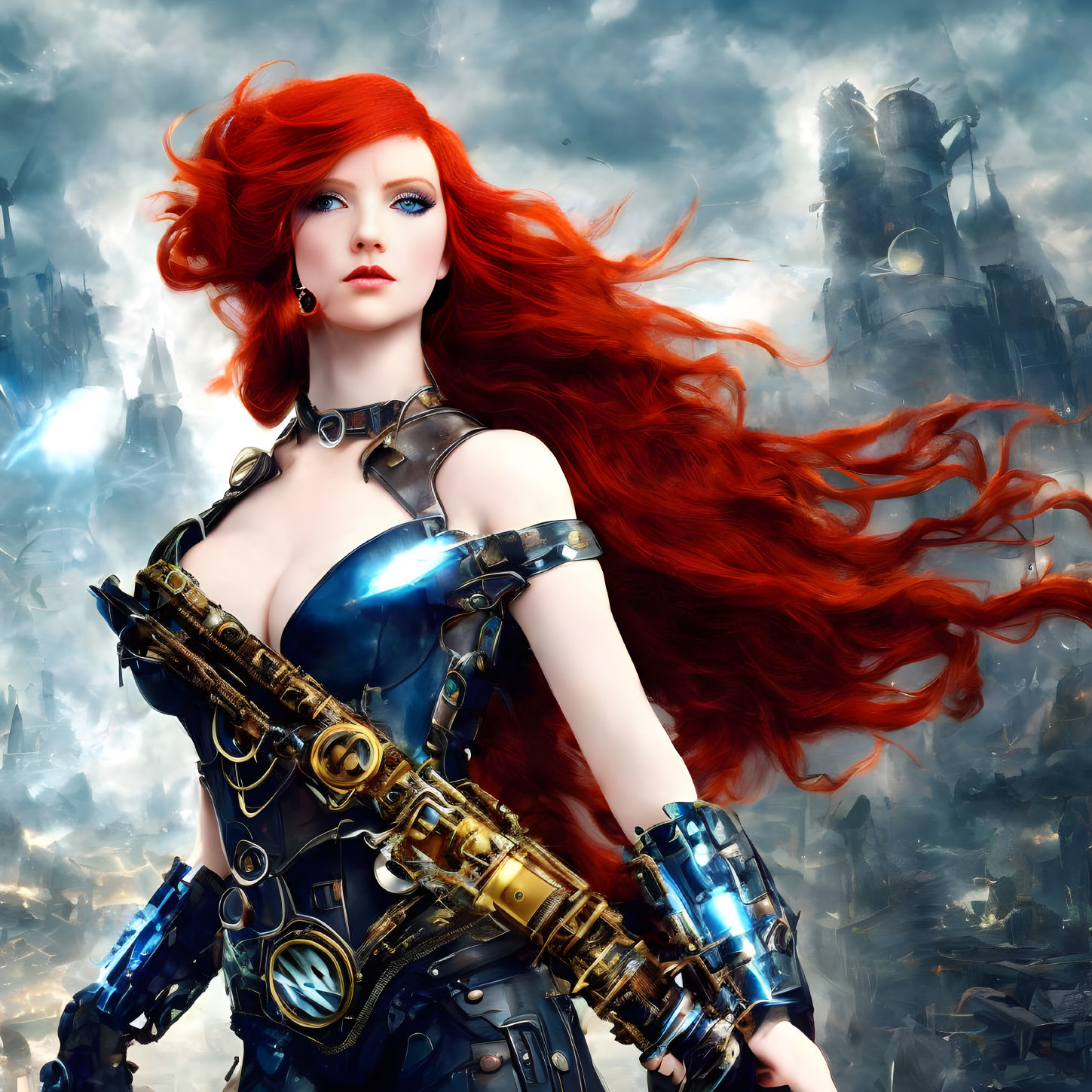 Vibrant red-haired woman in futuristic blue and gold armor against dystopian cityscape