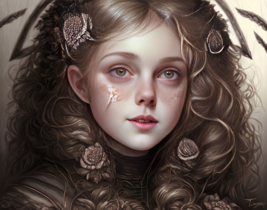 Young girl digital portrait with wavy brown hair and expressive eyes in dark floral fantasy theme