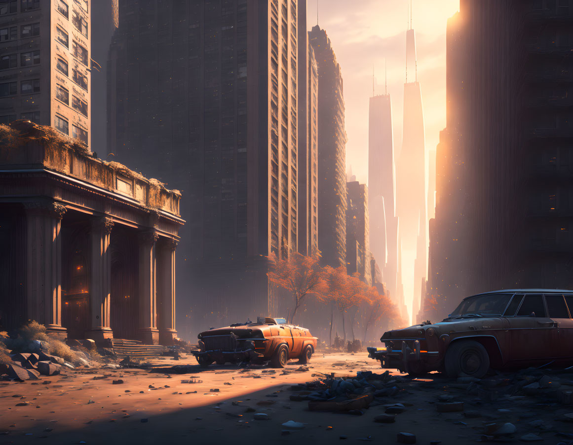 Desolate post-apocalyptic urban landscape with abandoned cars and eerie glow