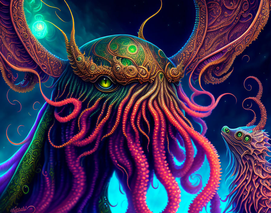 Colorful Ornate Octopus with Antler-like Structures in Cosmic Setting