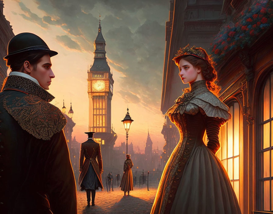 Victorian-era couple in digital illustration on London street at sunset