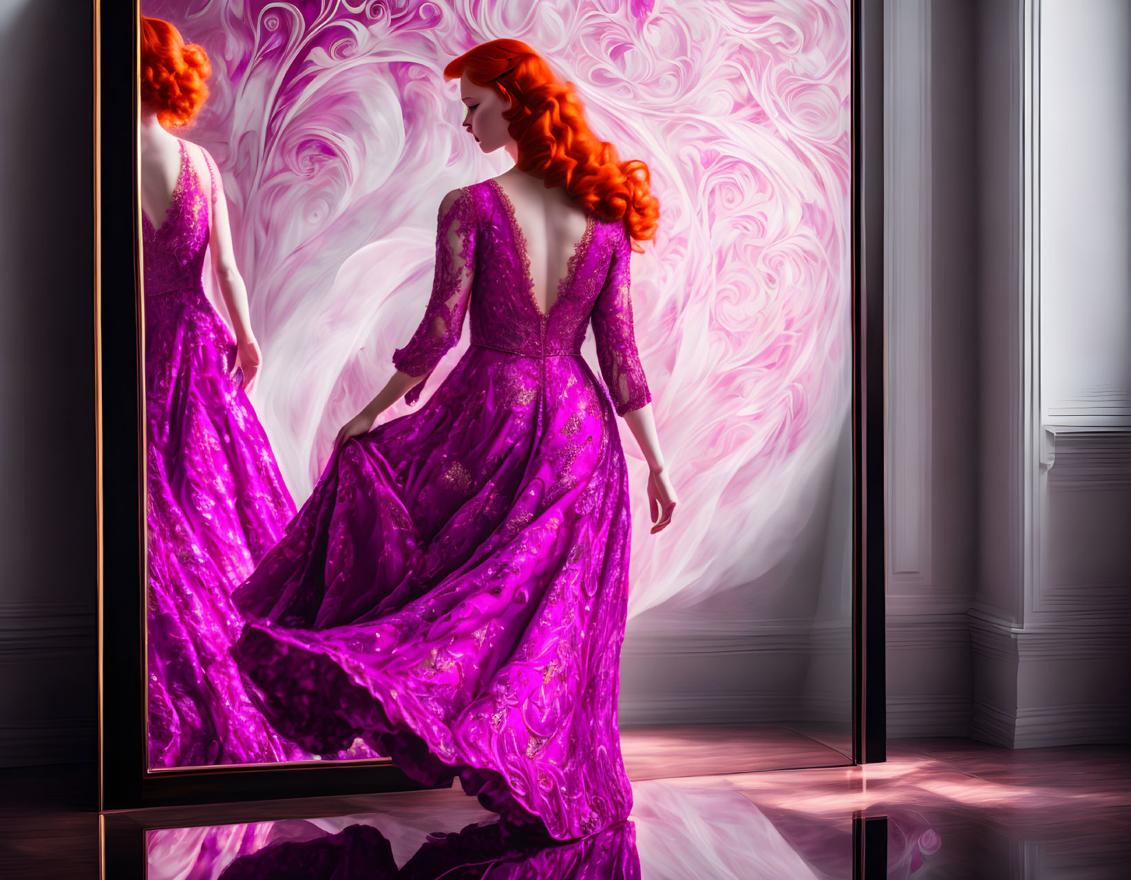 Purple Gown: Elegant Woman Reflecting in Mirror