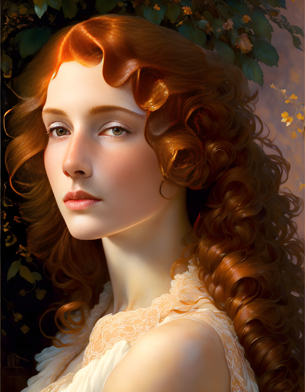 Woman with Red Curls in Serene Nature Scene