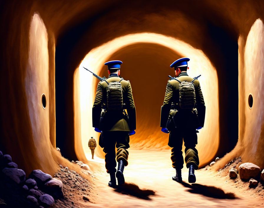 Uniformed soldiers with rifles walking in warmly lit earthen tunnel