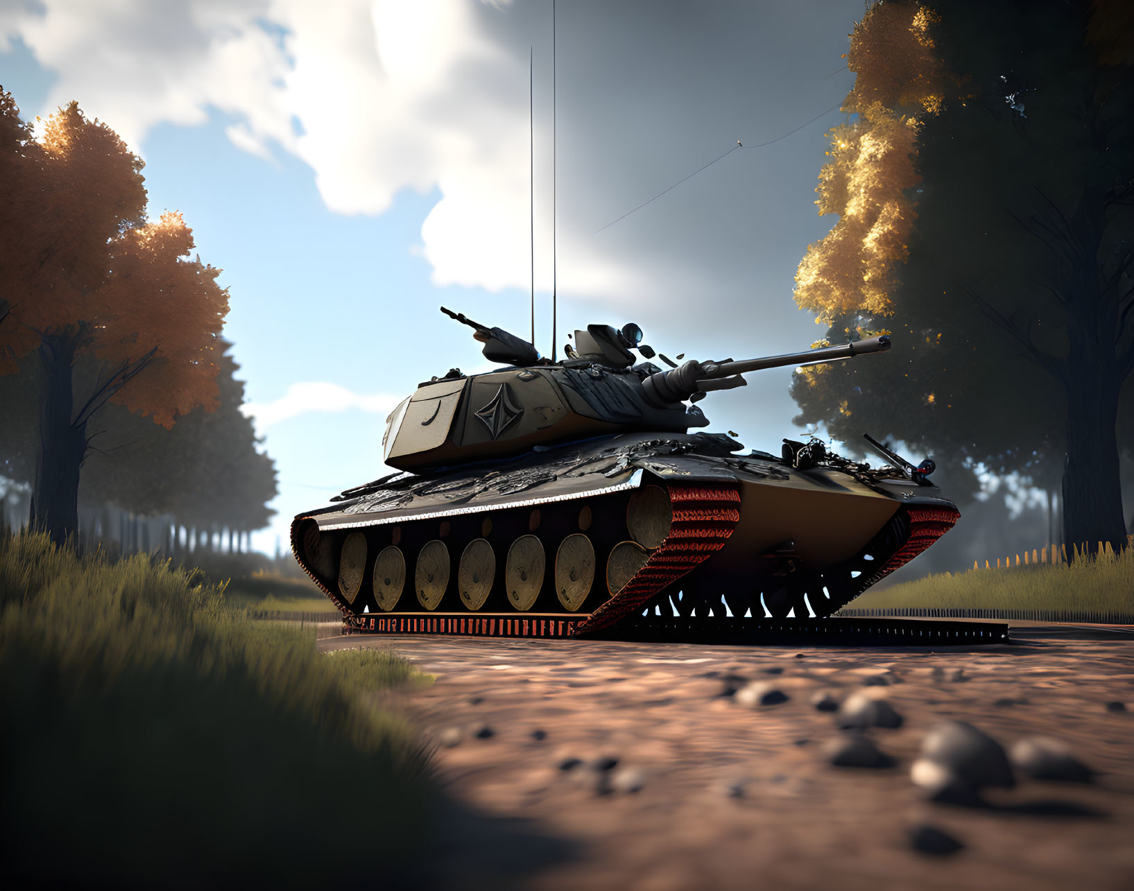 Military tank on dirt path amid autumn trees and clear sky.