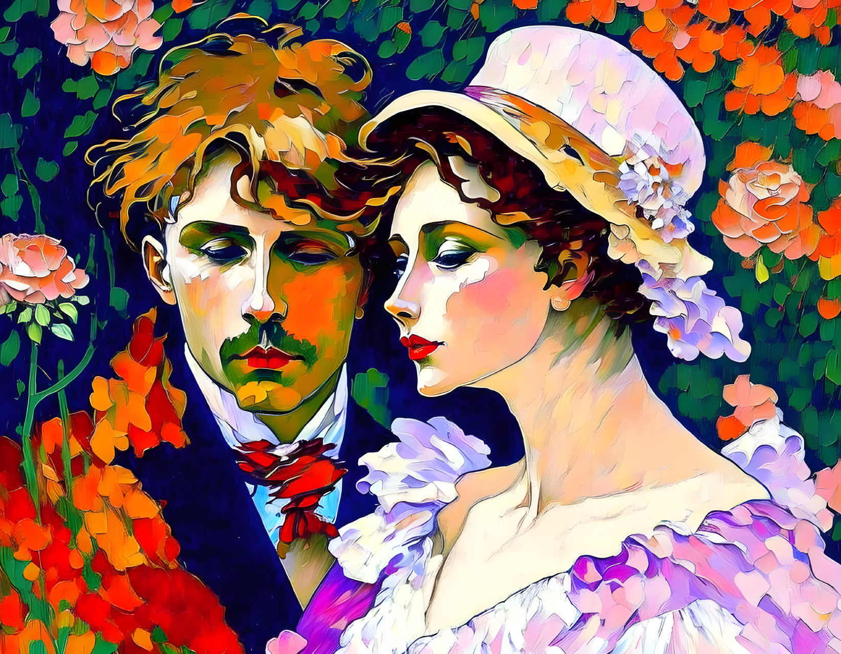 Victorian-era couple in red cravat and white hat, surrounded by vibrant flowers