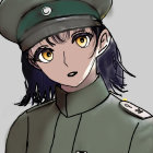 Illustrated character in military uniform with cap and dark hair.