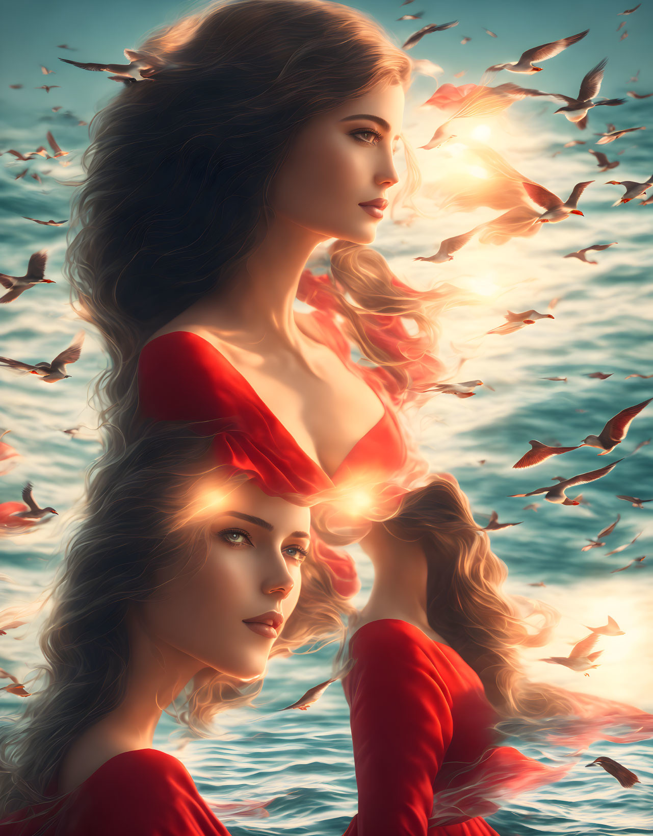 Digital artwork featuring two women in red dresses with long hair, one above water with a visible reflection,