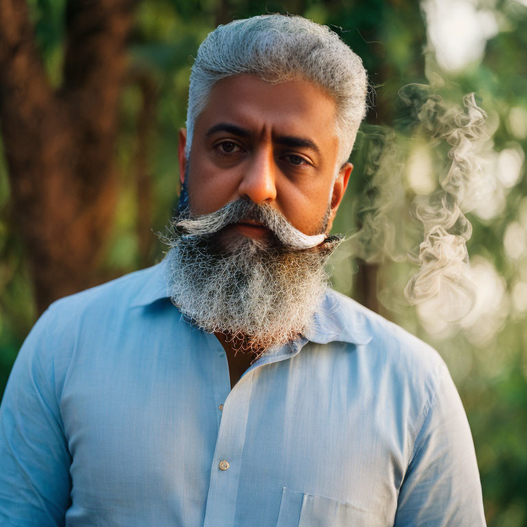 White-bearded man in blue shirt outdoors with smoke and trees.