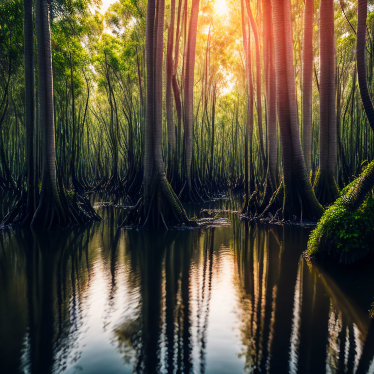 Tranquil mangrove forest with sunlight reflecting on water