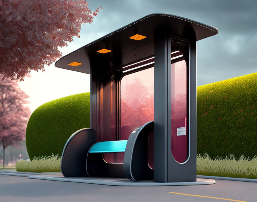 Sleek futuristic bus stop with illuminated roof and glass walls