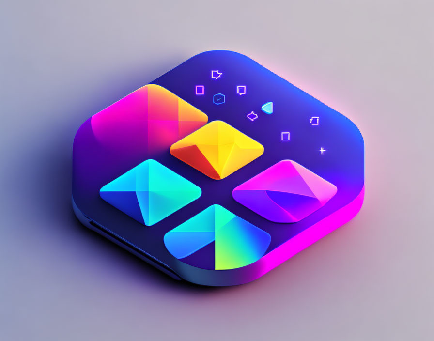 Colorful 3D Rendering of Abstract Geometric App Icon on Purple Background