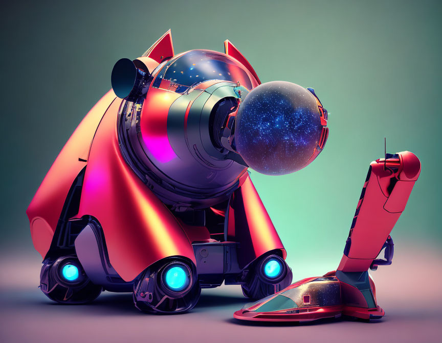 Stylized glossy red robot with spherical head gazes at small planet, blue lights.