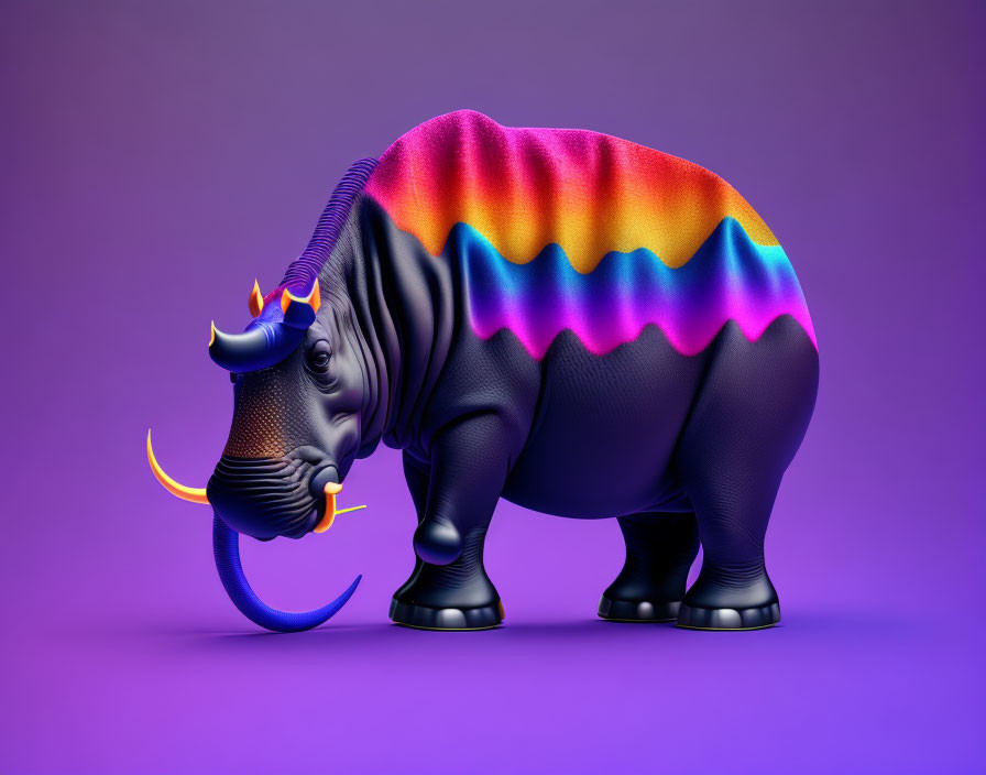 Colorful Neon-Patterned Rhinoceros Artwork on Purple Background