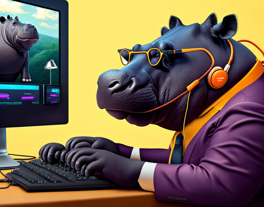 Stylized hippopotamus with glasses and headphones using a computer at desk