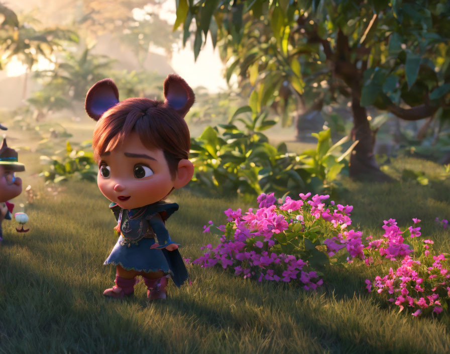 Stylized animated character with mouse ears in lush garden among pink flowers