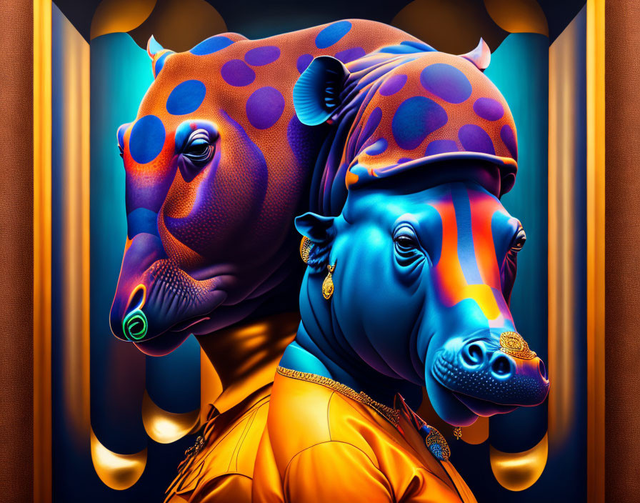 Colorful stylized artwork of two hippos with intricate patterns on dark background