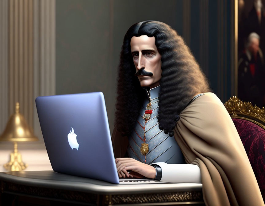 Digital artwork: Man in 17th-century attire with laptop