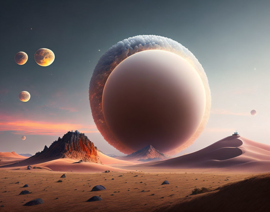 Surreal desert landscape with large planet and moons above sand dunes