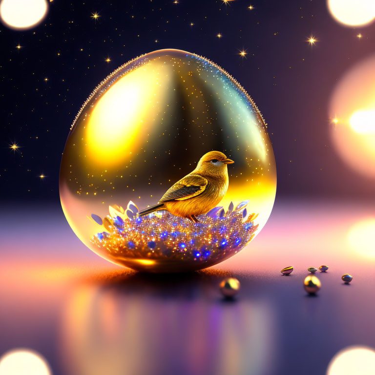 Golden Bird in Translucent Sphere with Sparkling Flowers and Glowing Orbs