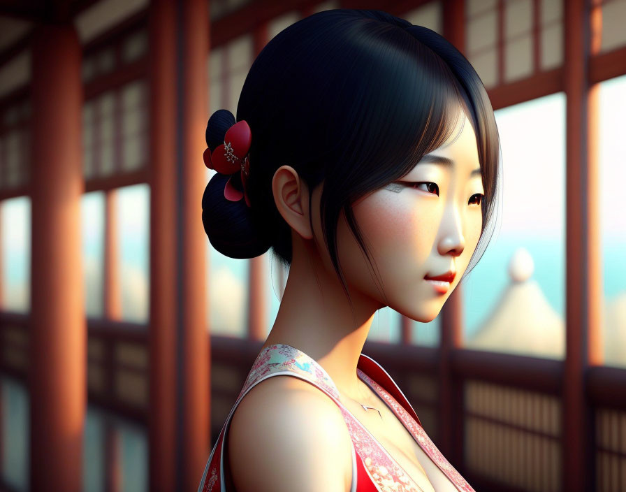 Digital artwork: Young woman with traditional Japanese hairstyle by window in warm sunlight