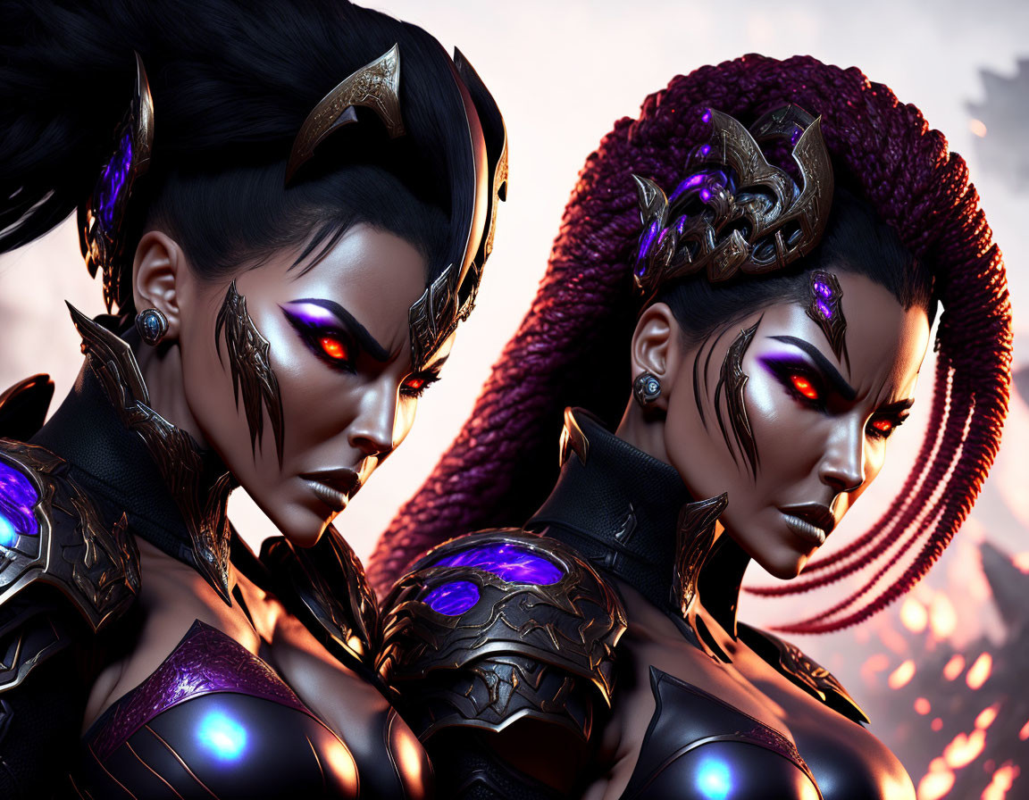 Stylized female warriors in elaborate armor and headdresses against a moody, backlit background