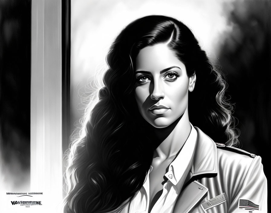 Monochrome digital portrait of a woman with wavy hair and epaulet shirt by a window