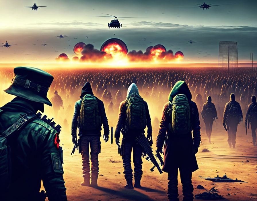 Military soldiers in apocalyptic scene with explosions and helicopters