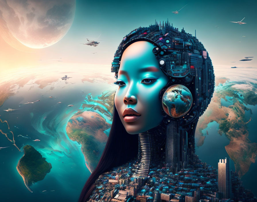 Surreal artwork featuring woman with cityscape hair and globe necklace