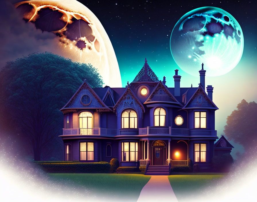 Victorian House Night Scene with Two Moons & Fantasy Sky