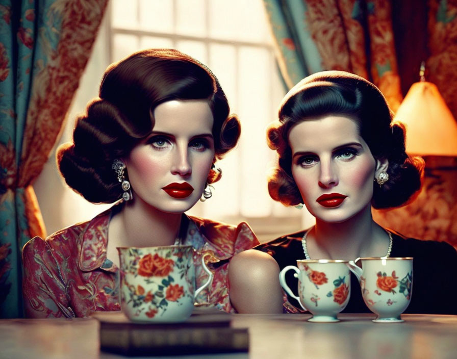 Vintage Hairstyles and Floral Dresses: Elegant Tea Time Scene