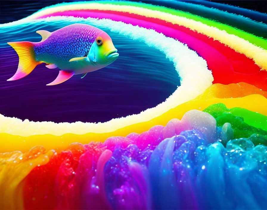 Colorful Fish Swimming in Front of Vibrant Rainbow Waves