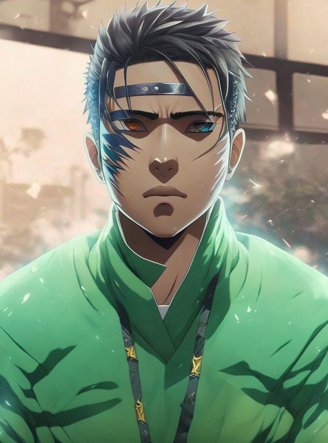 Anime character with stern expression, blue eyes, teal hair, green kimono, and eye-covering