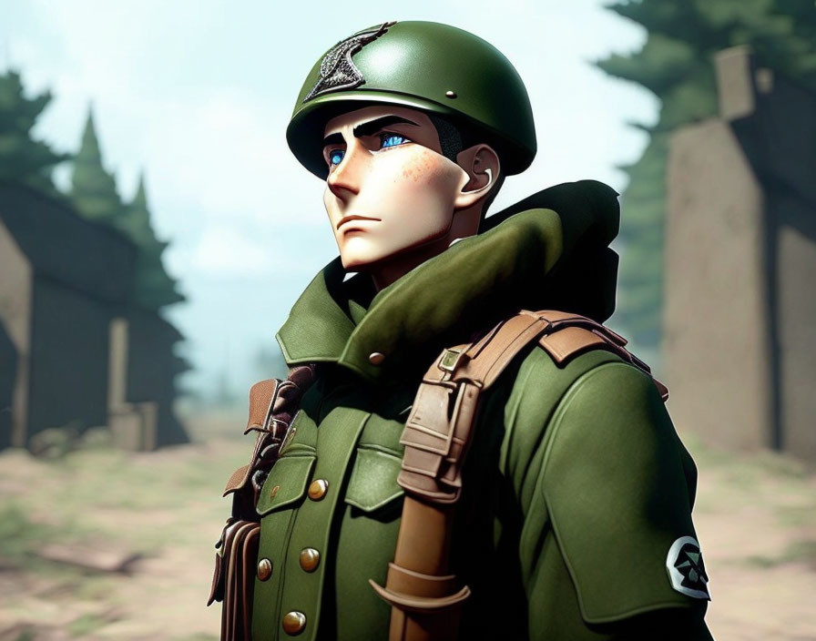 Stylized animated soldier with green helmet and uniform on blurred natural backdrop